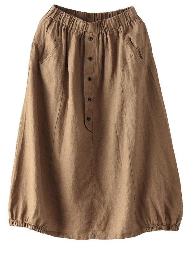 Kvinne Khaki Lin Skjørt med Elastisk Midje og Knapp 4