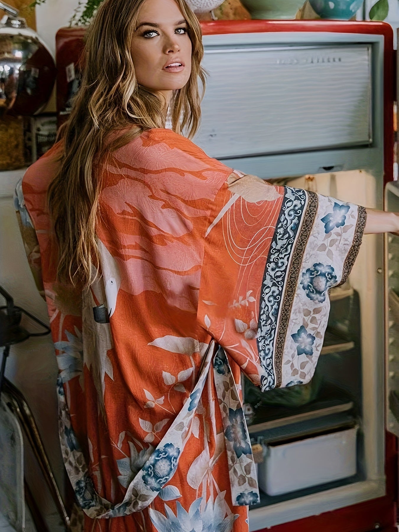 Kvinne Kimono Blomstermønster Lett 1