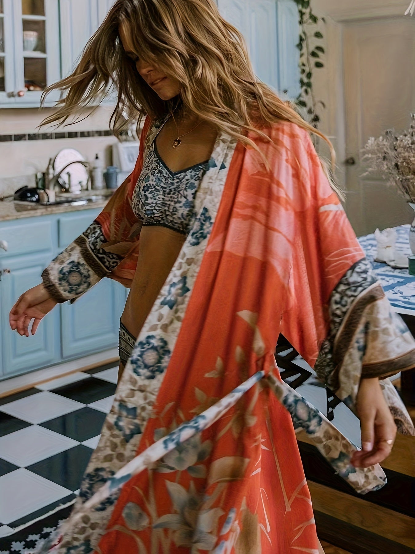 Kvinne Kimono Blomstermønster Lett 3