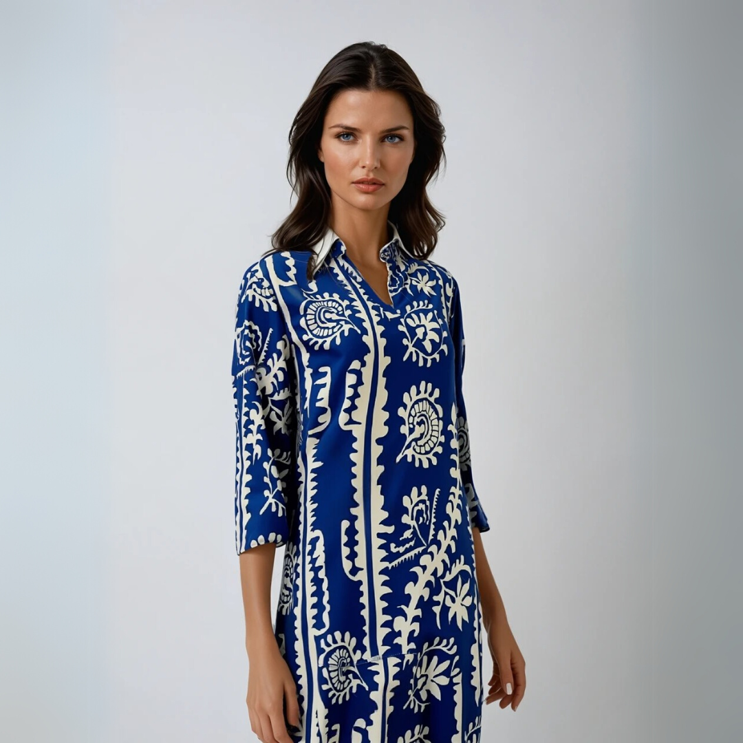 Kvinne Loose Printed Kjole med V-Hals 1