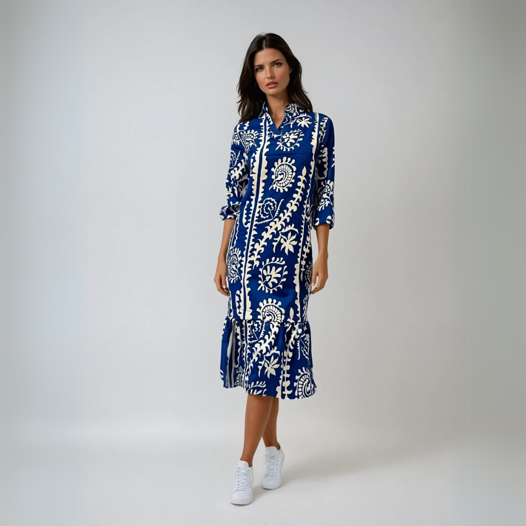 Kvinne Loose Printed Kjole med V-Hals 2