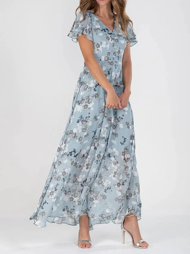 Kvinne Maxi Kjole Blomstertrykk V-Hals Korte Flatterende Ermer 1