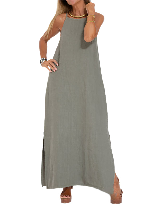 Kvinne Maxi Kjole Halter med Side Slit i Bomulls- og Linblanding 0