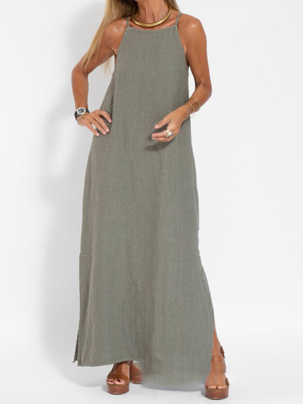 Kvinne Maxi Kjole Halter med Side Slit i Bomulls- og Linblanding 4