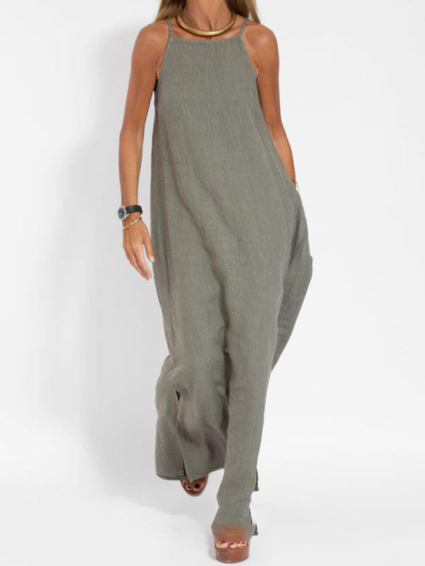 Kvinne Maxi Kjole Halter med Side Slit i Bomulls- og Linblanding 5