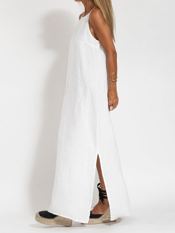 Kvinne Maxi Kjole Halter med Side Slit i Bomulls- og Linblanding 7