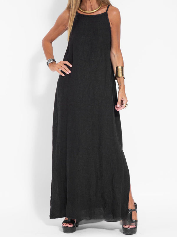 Kvinne Maxi Kjole Halter med Side Slit i Bomulls- og Linblanding 9