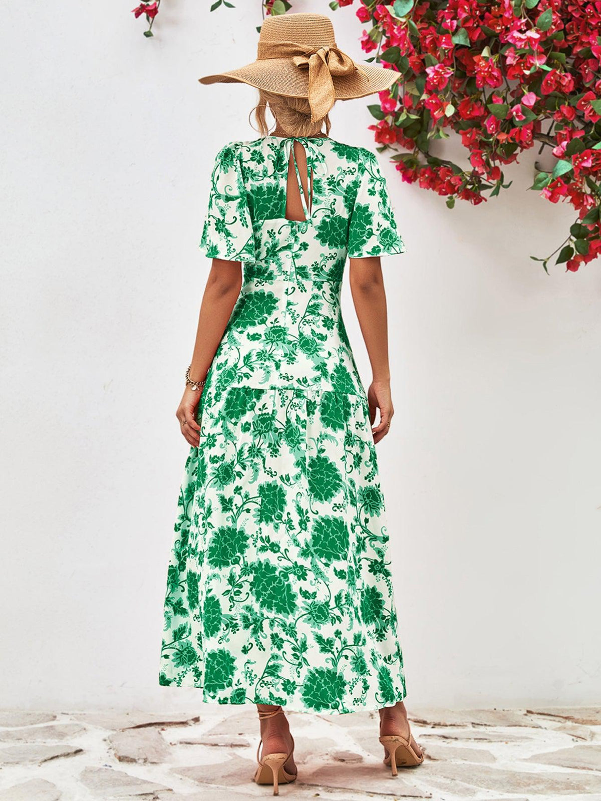 Kvinne Midi Kjole Blomsterprint Rund Hals Knytedetalj 1