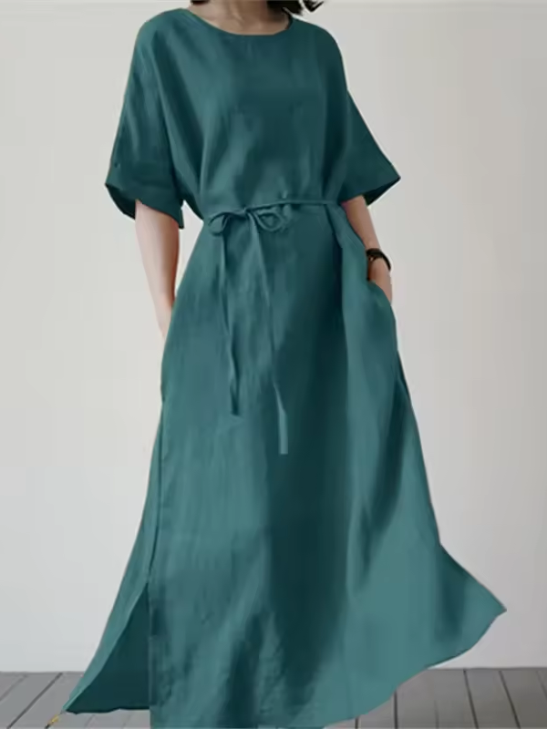 Kvinne Midi Kjole med Belte og Side Slit 5