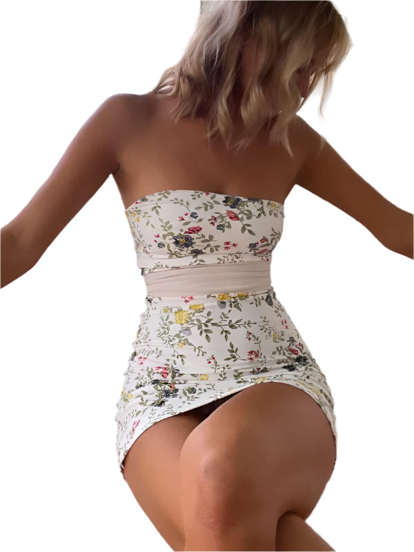 Kvinne Mini Kjole Floral Tube Top Med Avtagbar Ryggbelte 0