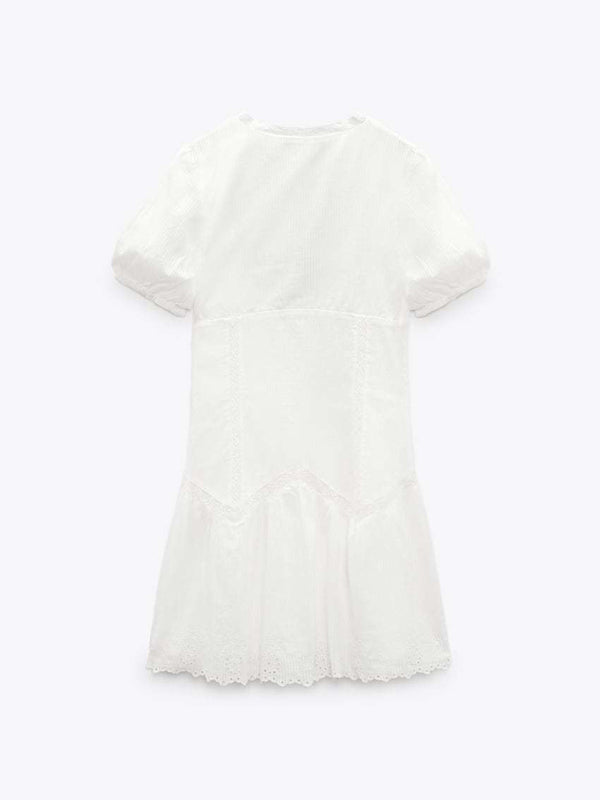Kvinne Mini Kjole Fluffy Ermer V-Hals Broderi 3
