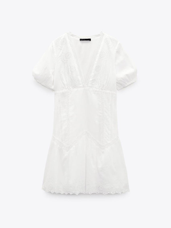 Kvinne Mini Kjole Fluffy Ermer V-Hals Broderi 4