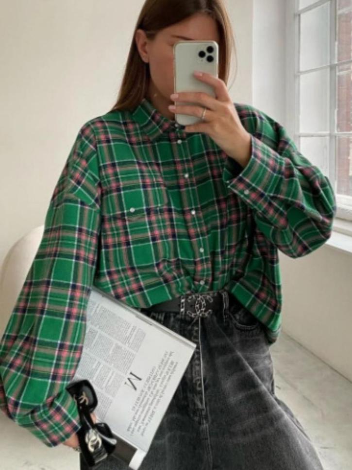 Kvinne Oversized Skjorte Rutete Design 5