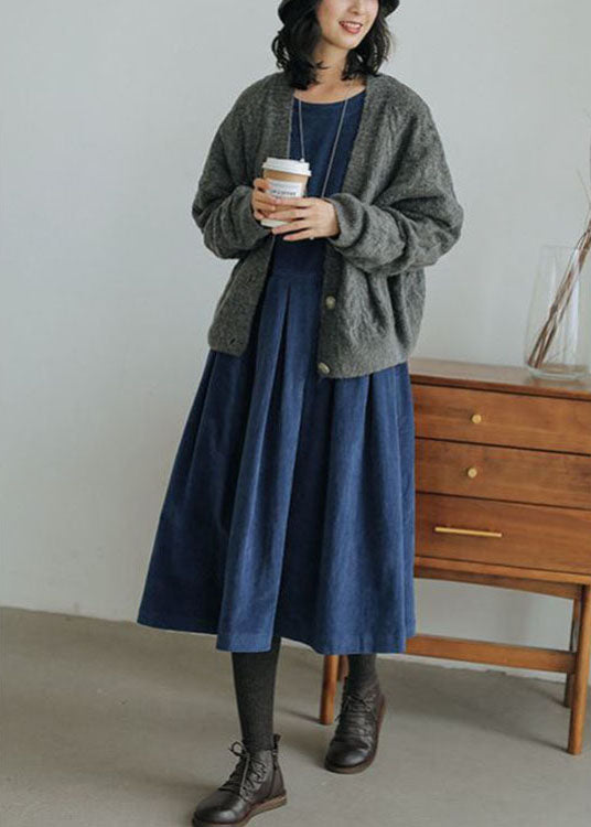 Kvinne Plus Size Corduroy Kjole med Lommer og Knapp 2
