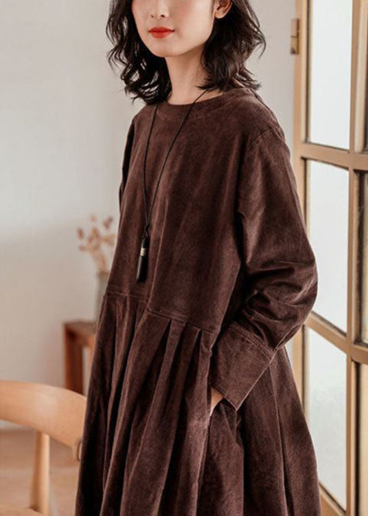 Kvinne Plus Size Corduroy Kjole med Lommer og Knapp 4
