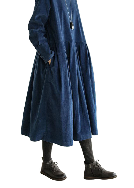 Kvinne Plus Size Corduroy Kjole med Lommer og Knapp 5