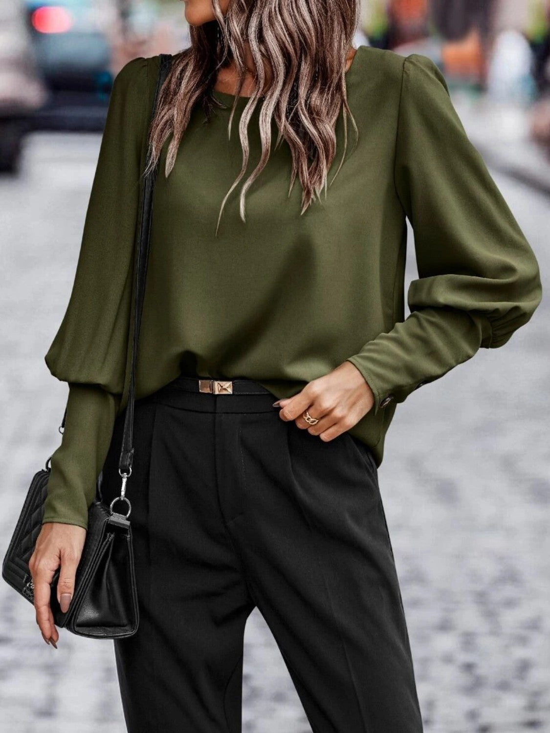 Kvinne Rund Hals Lantern Sleeve Bluse Polyester 2