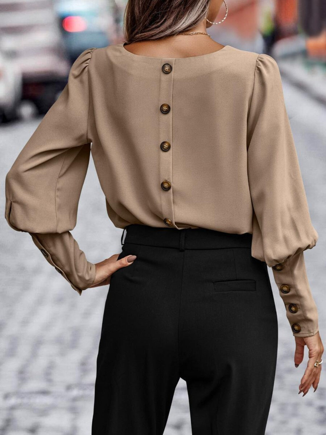 Kvinne Rund Hals Lantern Sleeve Bluse Polyester 5