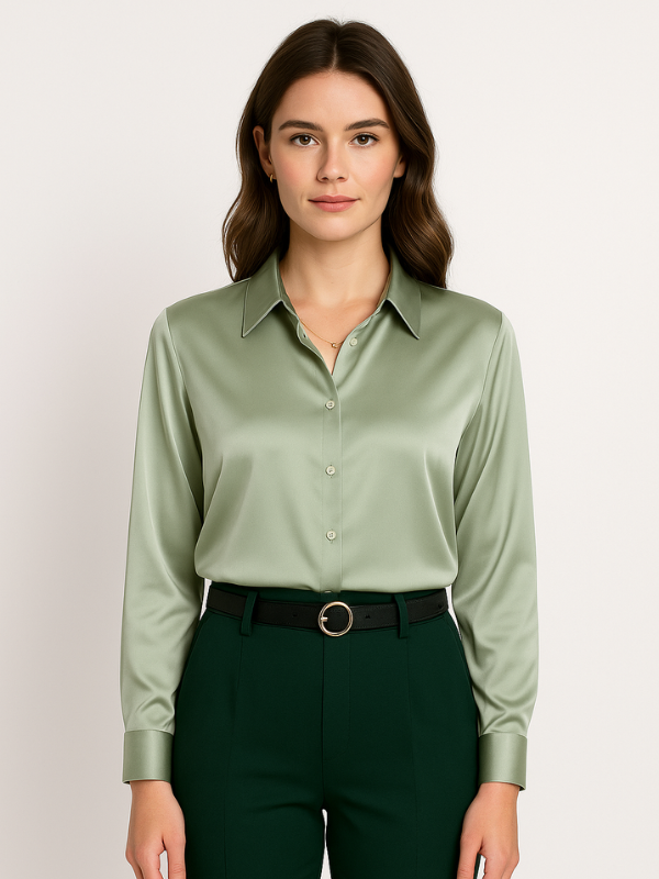 Kvinne Satin Bluse Med Knappelukking 13