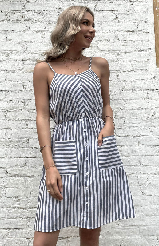 Kvinne Slip Dress Grå Stripet Bomull Lin 1