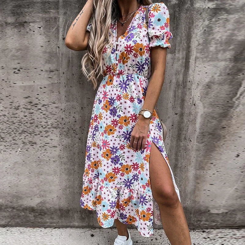 Kvinne Sommerkjole med Splitt og Blomstertrykk 4