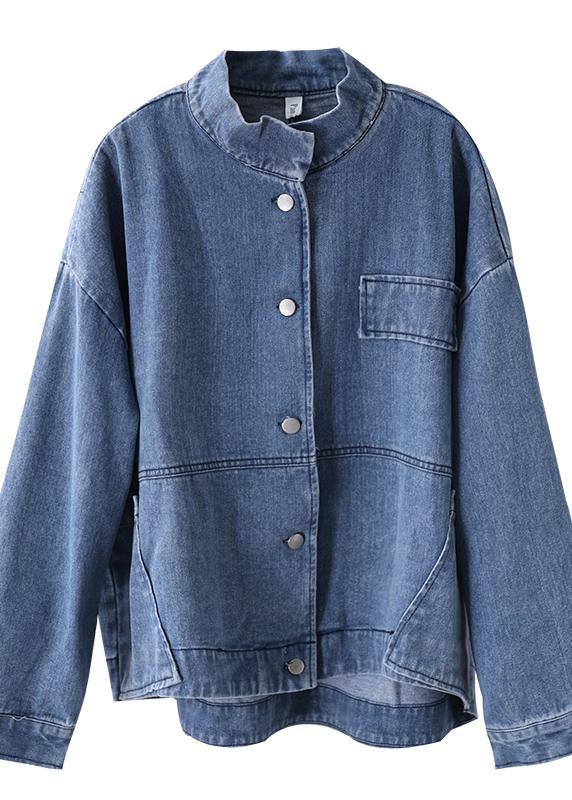 Kvinne Stand Krage Denim Blå Jakke 4