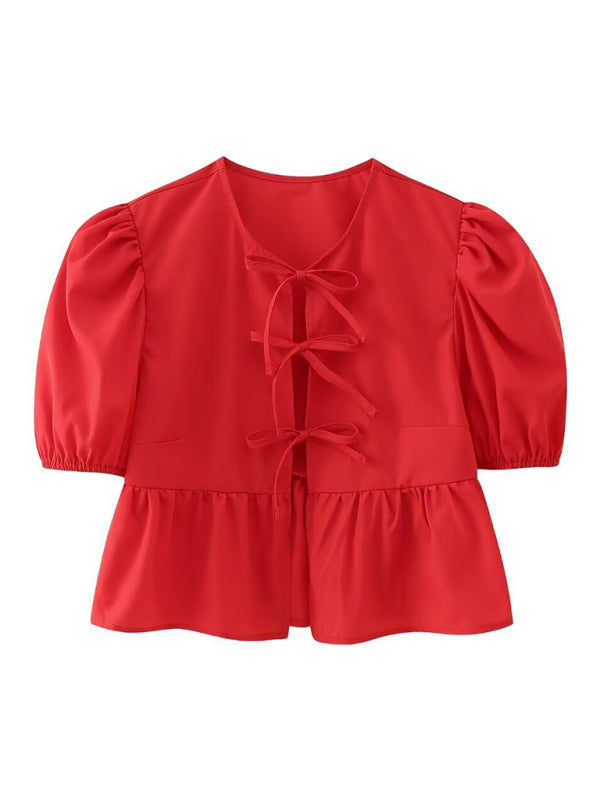 Kvinne Strappy Puff Sleeve Skjorte i Polyester 0