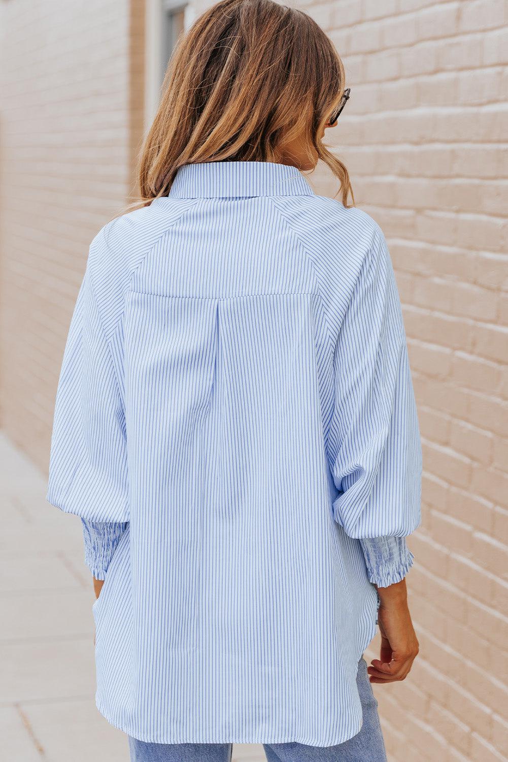 Kvinne Striped Lantern Sleeve Collared Shirt Polyester 1