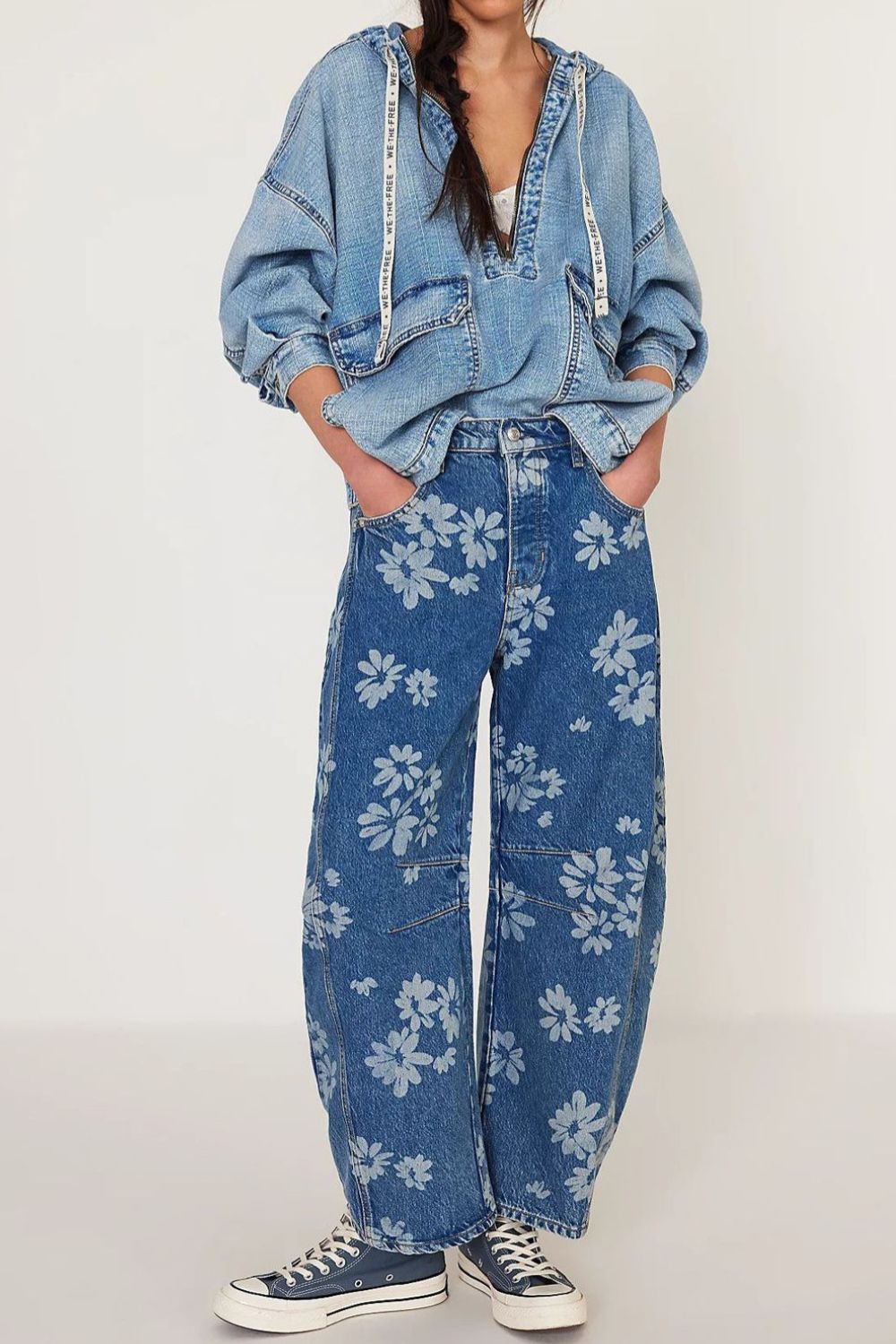 Kvinne Wide Leg Jeans Blomstertrykk Rayon Polyester 1