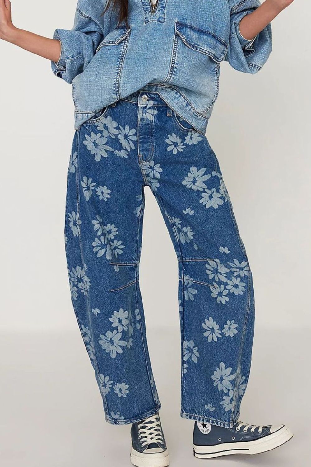 Kvinne Wide Leg Jeans Blomstertrykk Rayon Polyester 2