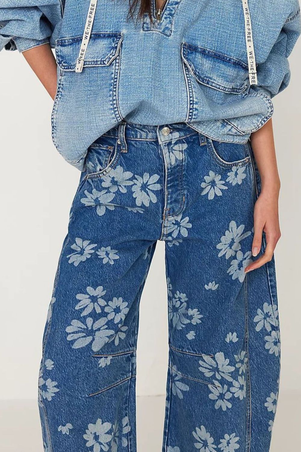 Kvinne Wide Leg Jeans Blomstertrykk Rayon Polyester 3