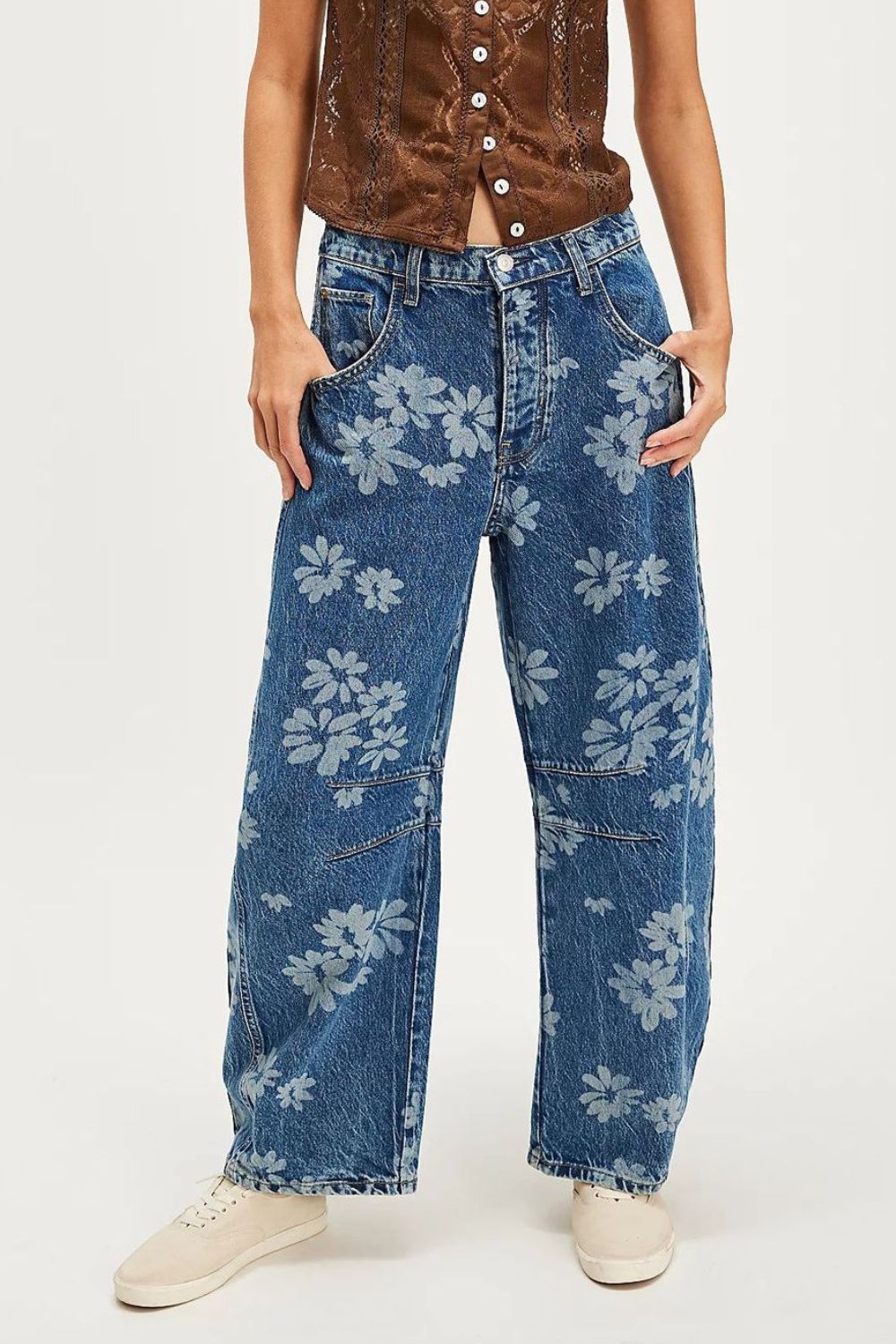 Kvinne Wide Leg Jeans Blomstertrykk Rayon Polyester 4