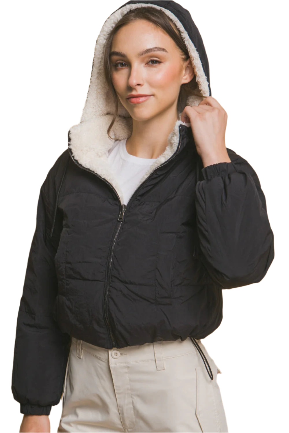 Kvinne Zip Up Cropped Hettejakke Sherpa Vendbar 0