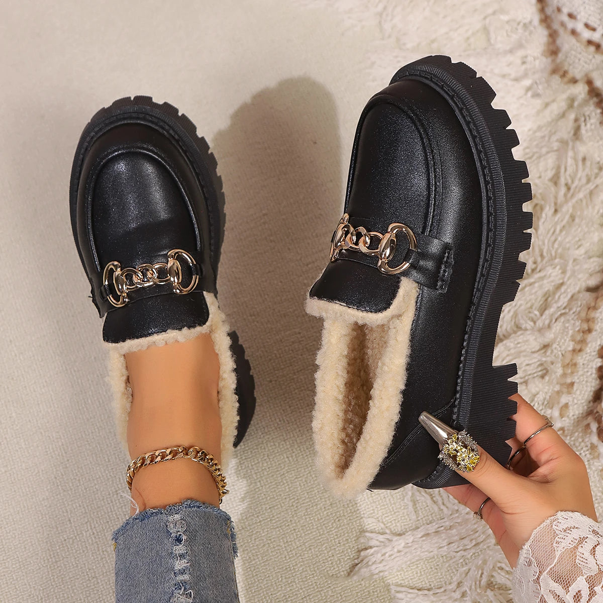 Kvinnelige Plattform Loafers med Varmt Fôr 0