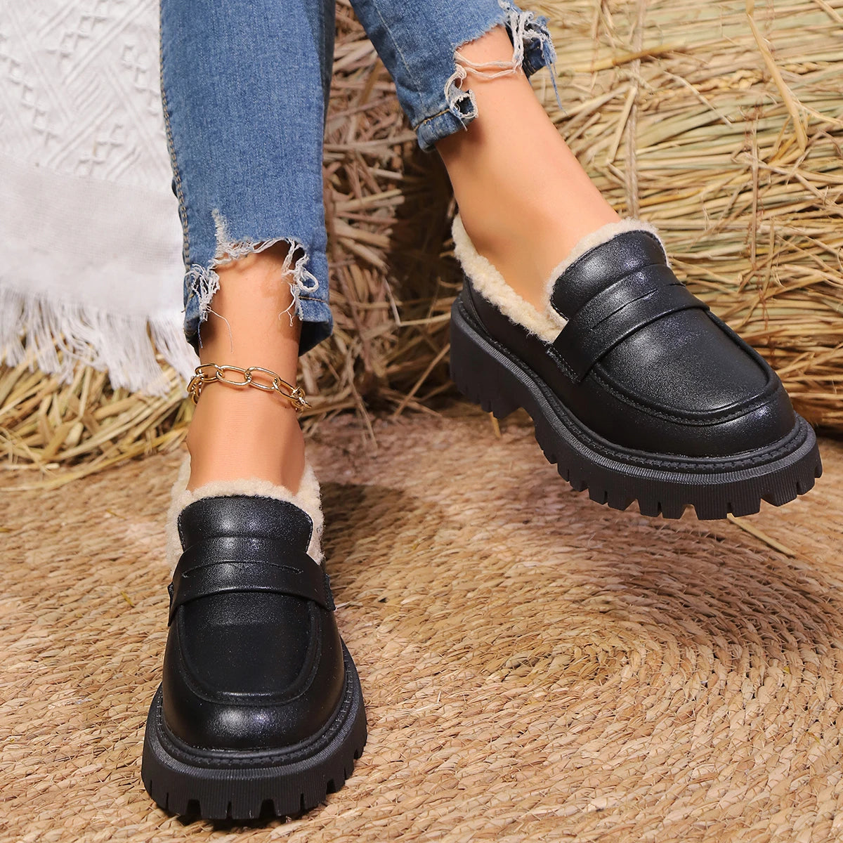 Kvinnelige Plattform Loafers med Varmt Fôr 3