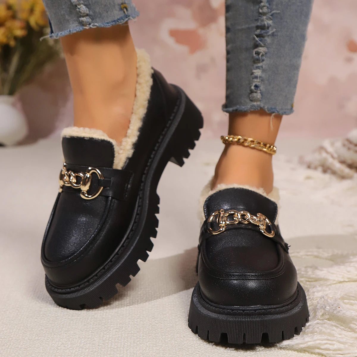 Kvinnelige Plattform Loafers med Varmt Fôr 4