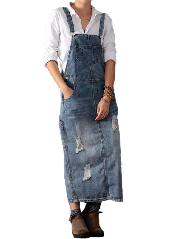 Kvinnenes Denim Latzkjole med Vintage Stil 0