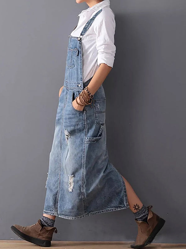 Kvinnenes Denim Latzkjole med Vintage Stil 1