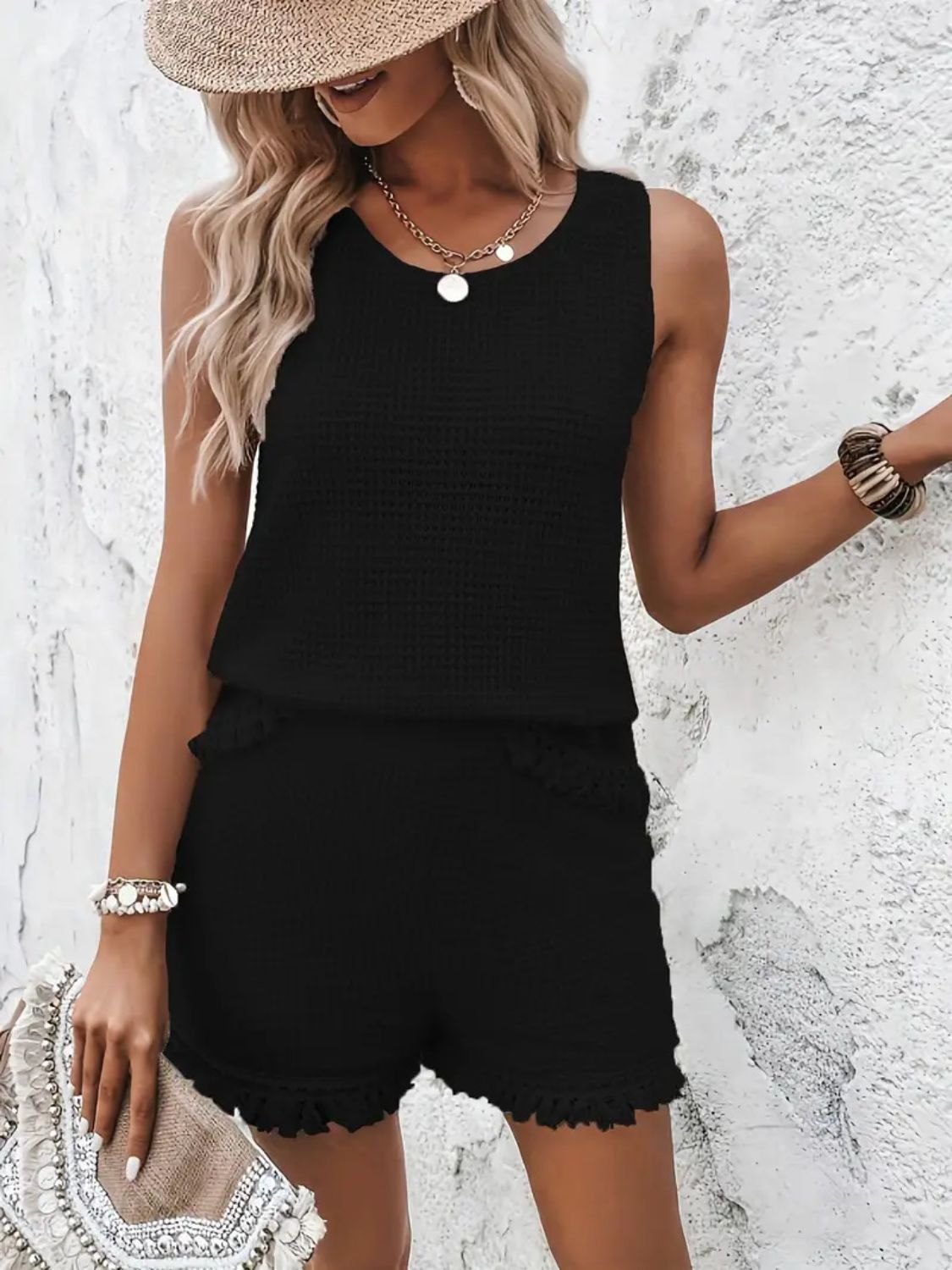Kvinnenes Tanktop med Rund Hals og Bred Stropp samt Shorts Sett 8