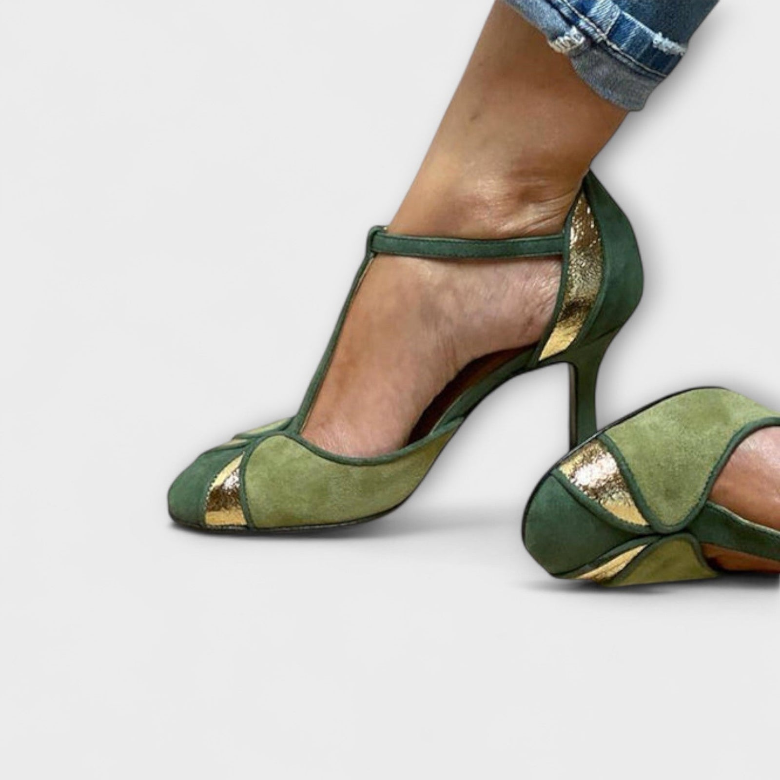 Kvinnens Hæl T-stropp Lukket Tå Patchwork Design 1