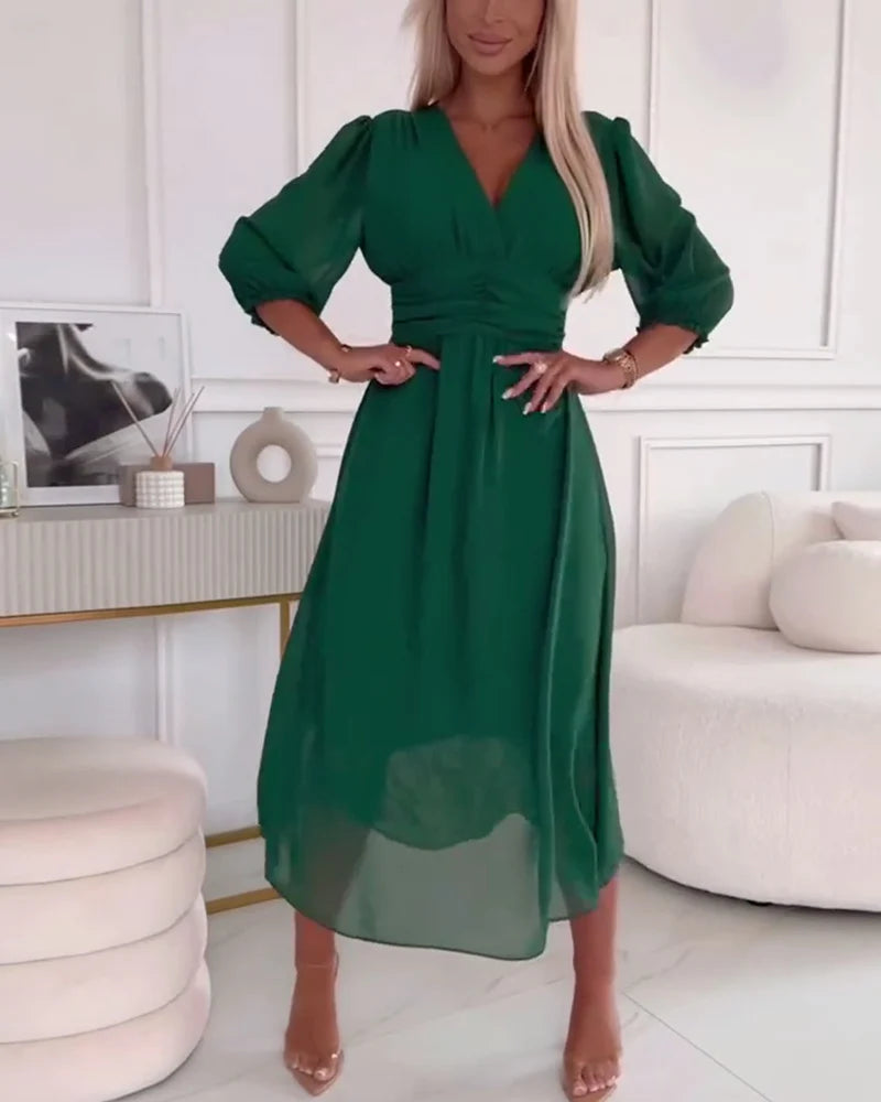 Kvinnens Midikjole V-Hals A-Linjesilhuett med Ellenbue Lange Ermer Chiffon 0