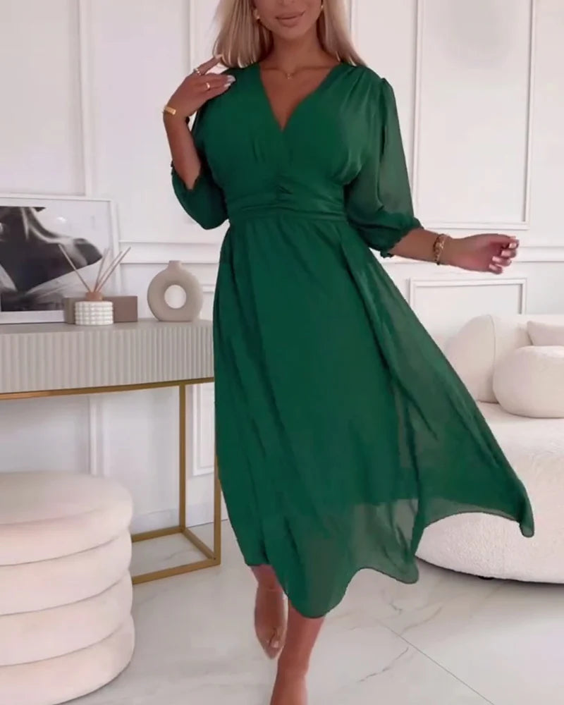 Kvinnens Midikjole V-Hals A-Linjesilhuett med Ellenbue Lange Ermer Chiffon 1