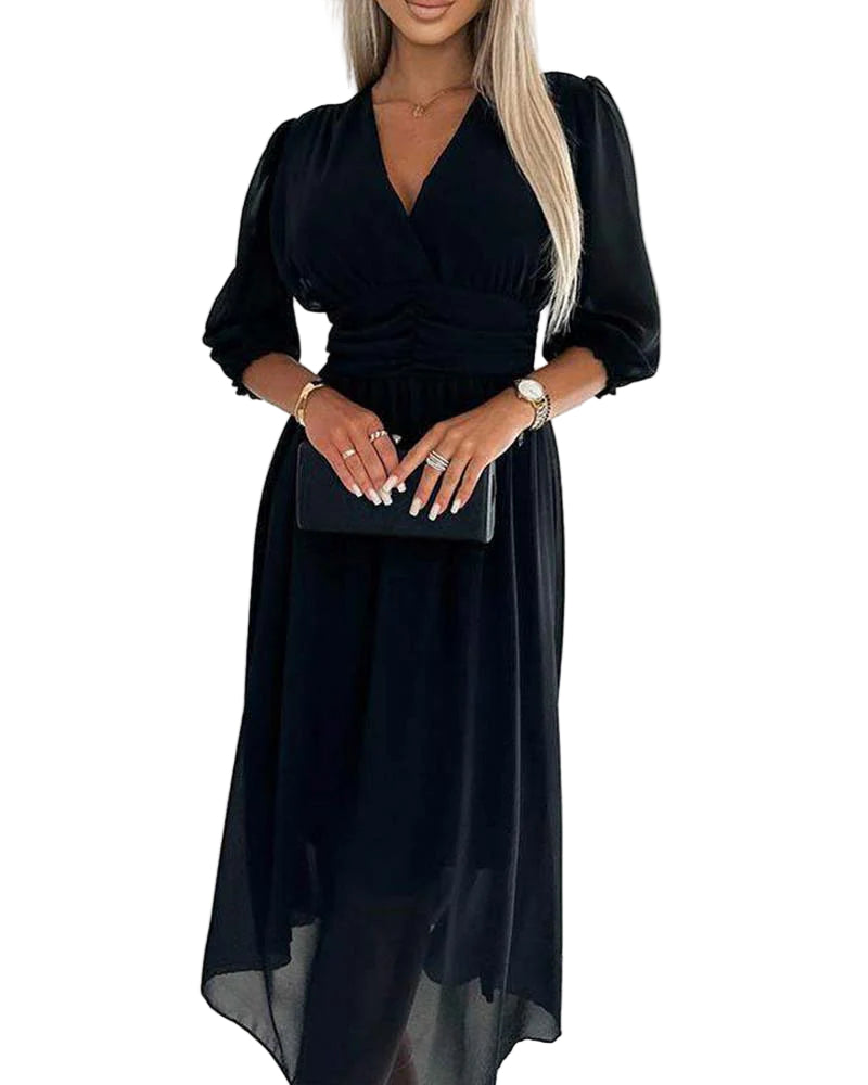 Kvinnens Midikjole V-Hals A-Linjesilhuett med Ellenbue Lange Ermer Chiffon 2