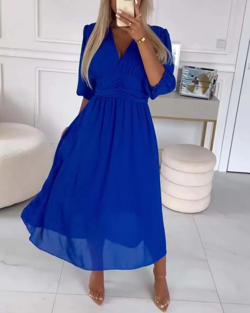 Kvinnens Midikjole V-Hals A-Linjesilhuett med Ellenbue Lange Ermer Chiffon 3