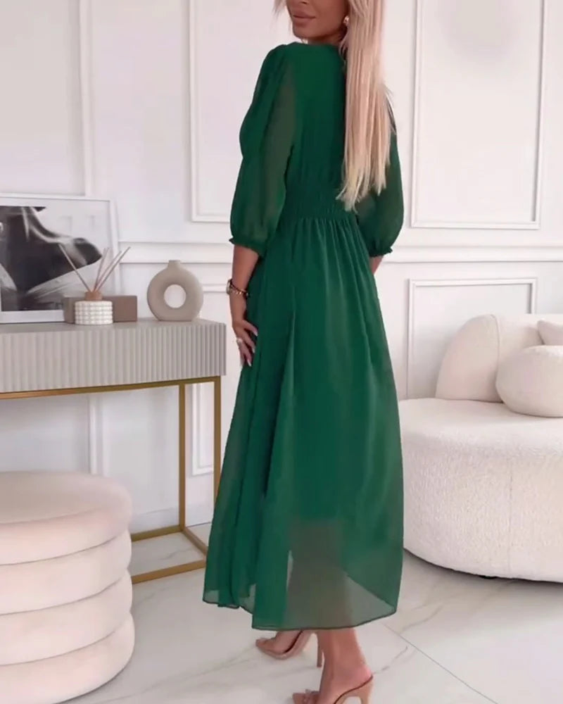 Kvinnens Midikjole V-Hals A-Linjesilhuett med Ellenbue Lange Ermer Chiffon 4
