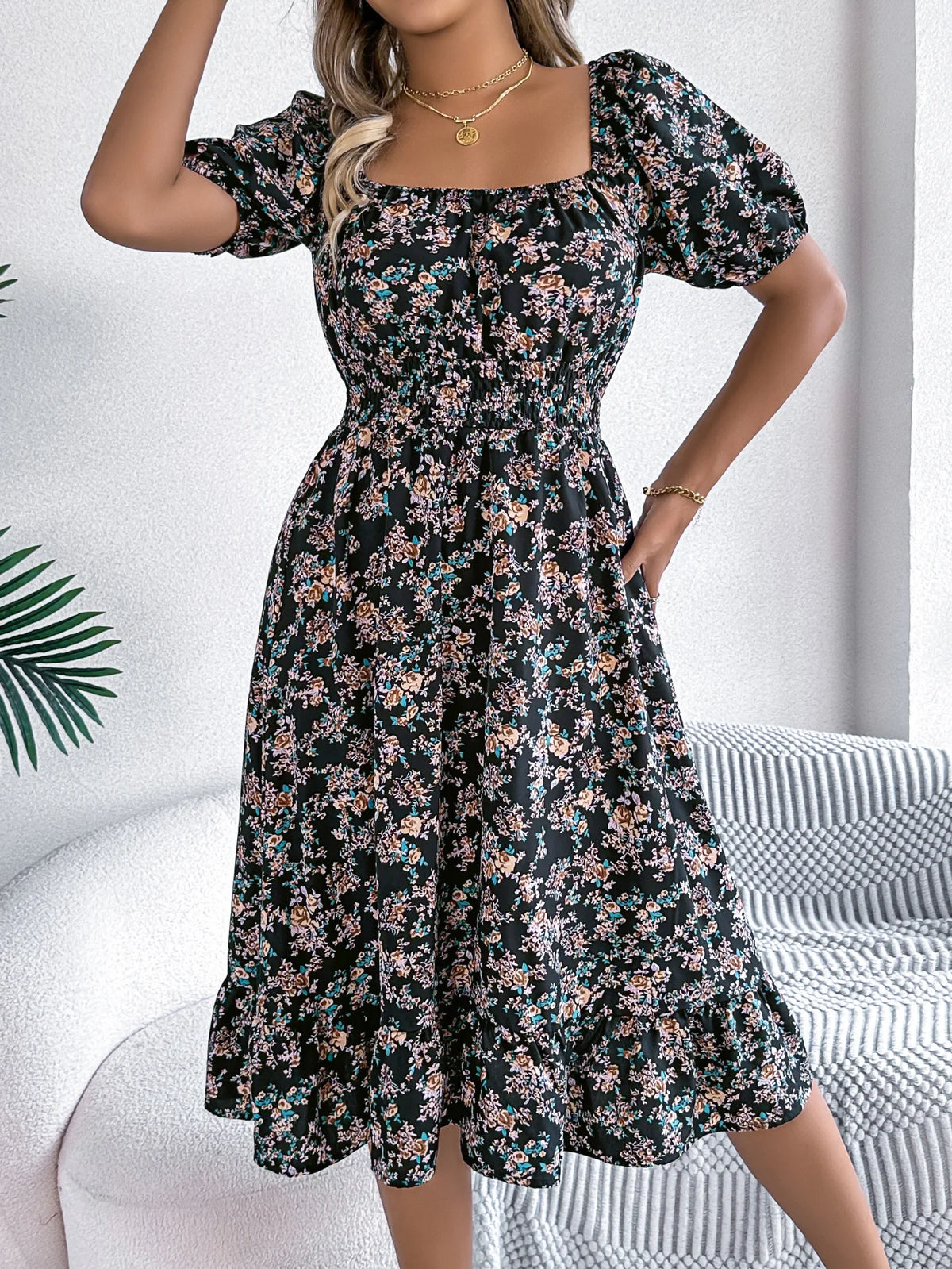 Kvinners A-linjekjole med Blomsterdesign 1