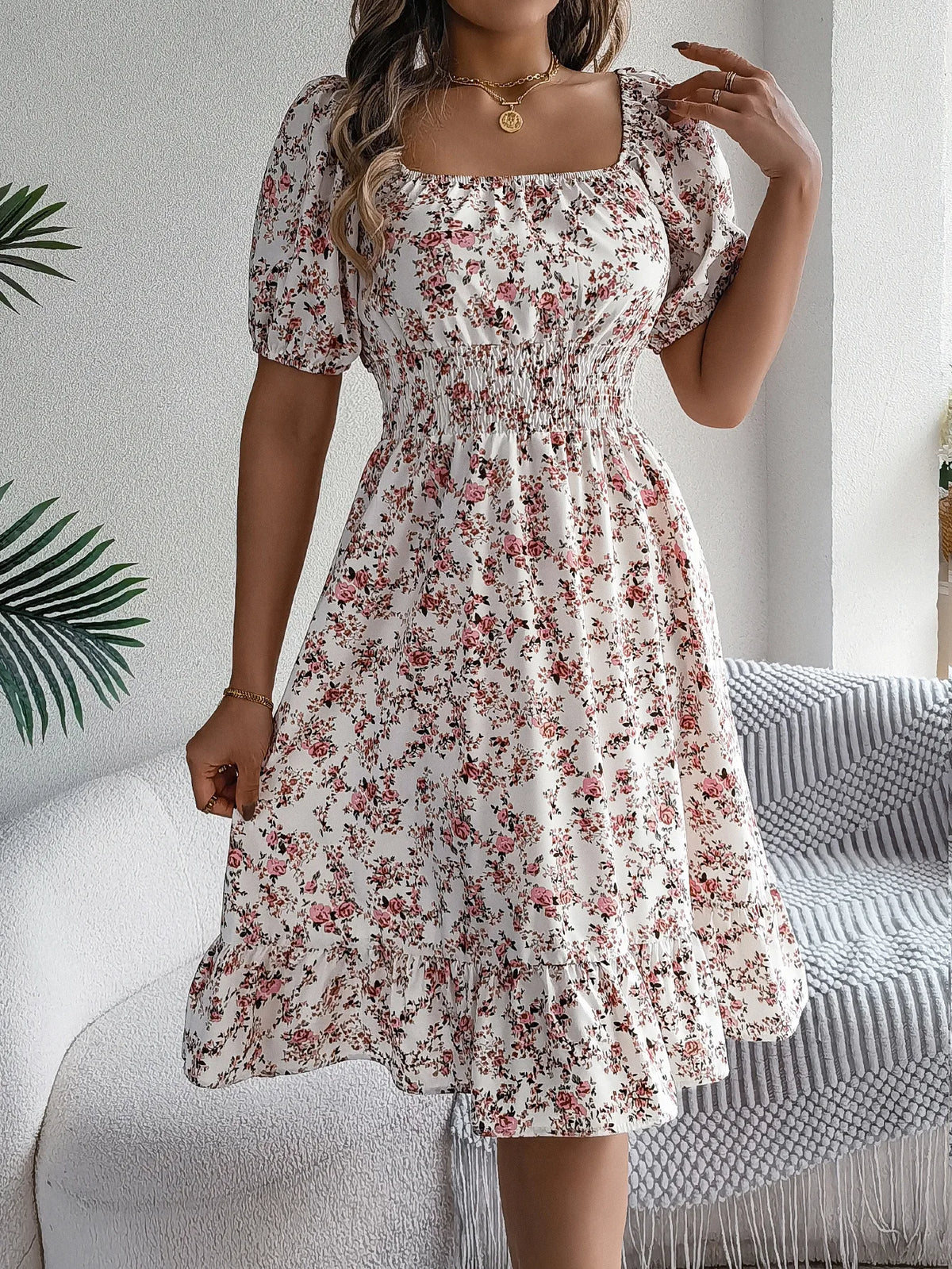 Kvinners A-linjekjole med Blomsterdesign 8
