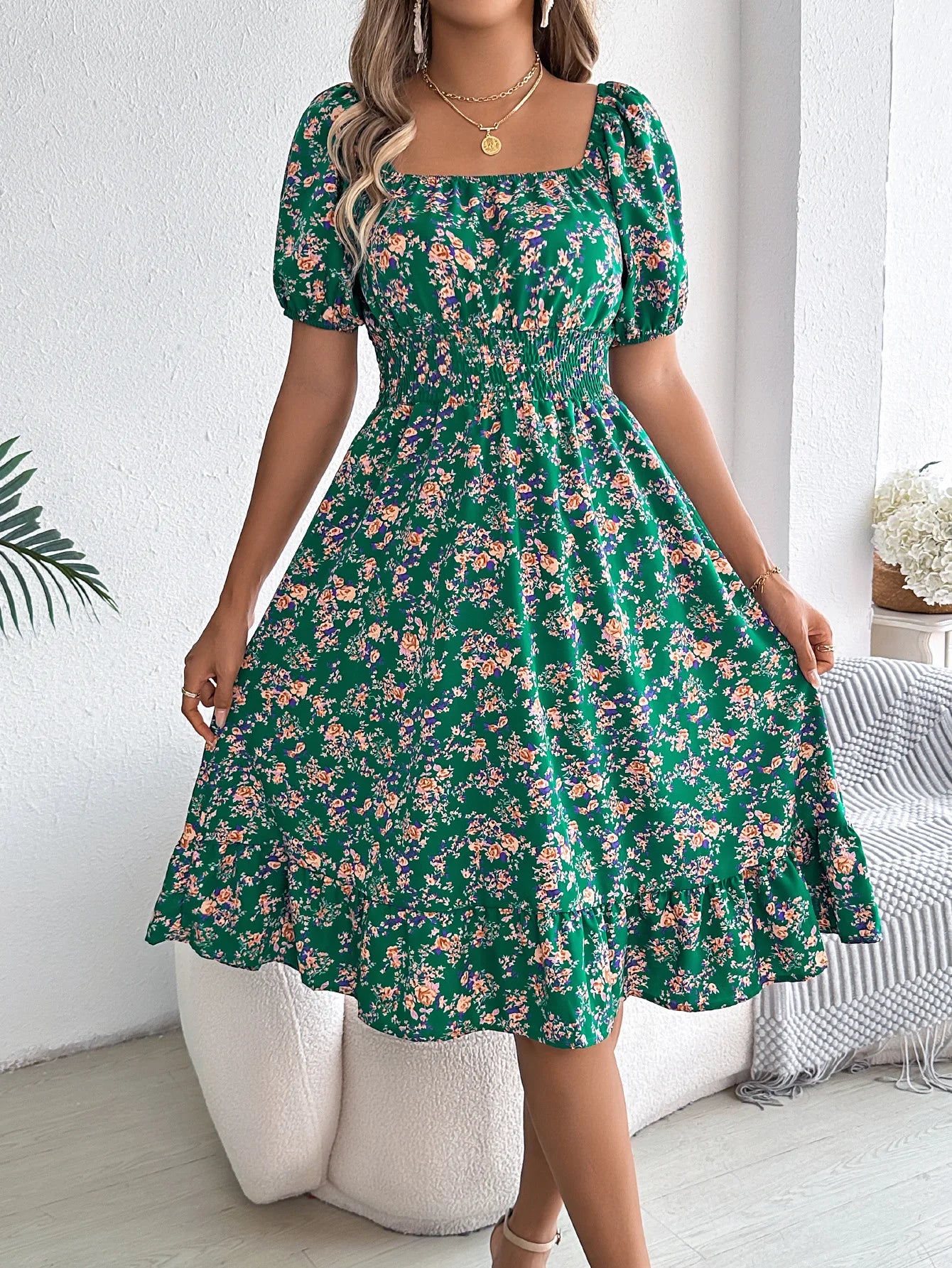 Kvinners A-linjekjole med Blomsterdesign 9