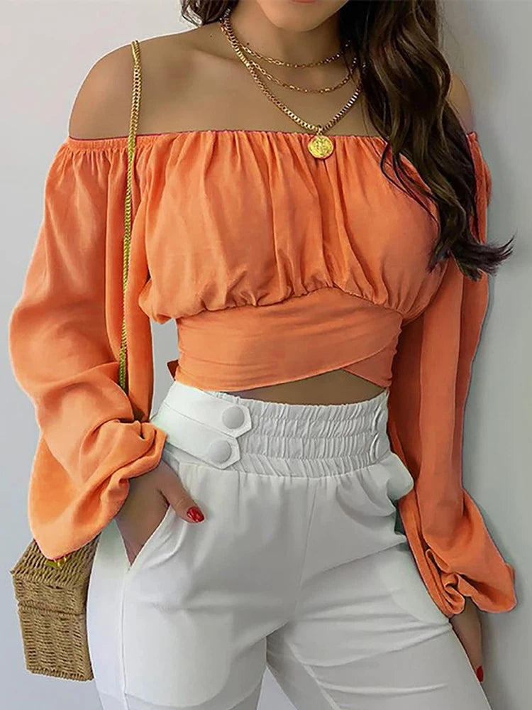 Kvinners Bluse Off Shoulder Med Lanterne Ermer 2