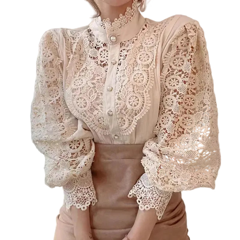 Kvinners Bluse med Blonder og Stativkrage Moderne Stil 0
